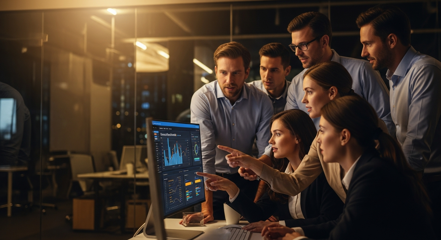 Credit union digital strategists analyzing deposit growth conversion funnel data on a large monitor in a modern office environment