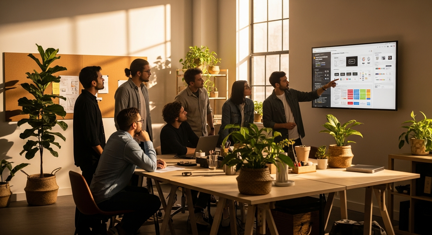 Design team reviewing cross-platform navigation documentation and design system specifications in a bright modern studio