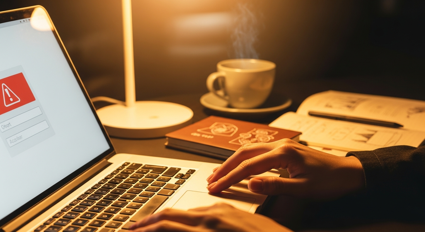 Designer hands on laptop keyboard troubleshooting a UI error state in warm desk lamp glow