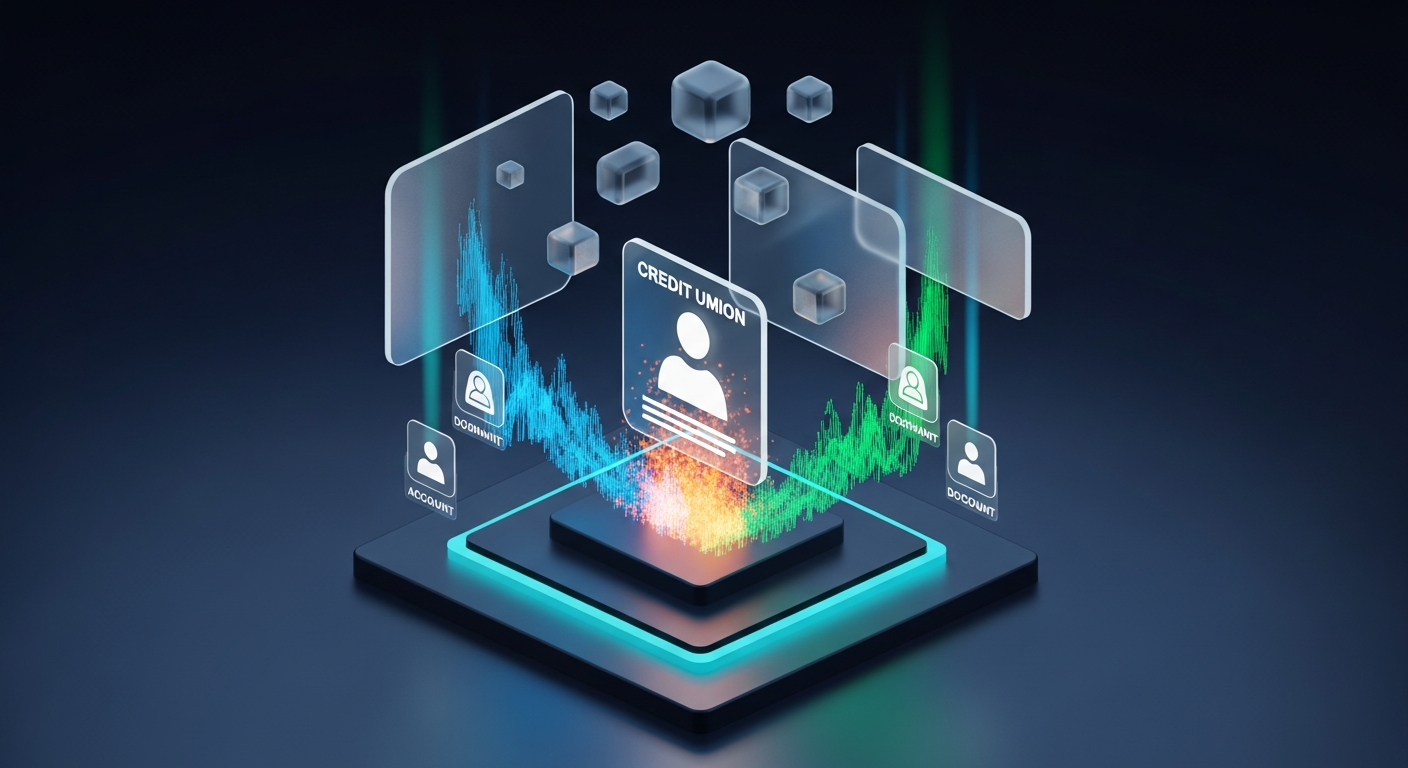 Warm editorial photograph of credit union member segmentation profiles with personalized re-engagement pathways and data visualization