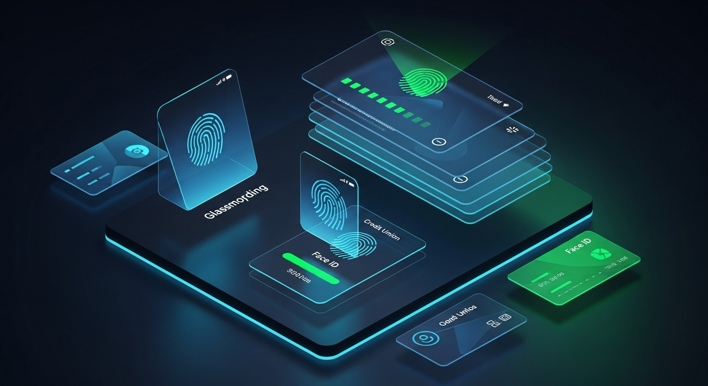 Credit union member completing biometric identity verification with face ID and fingerprint authentication on a smartphone showing the account opening progress flow