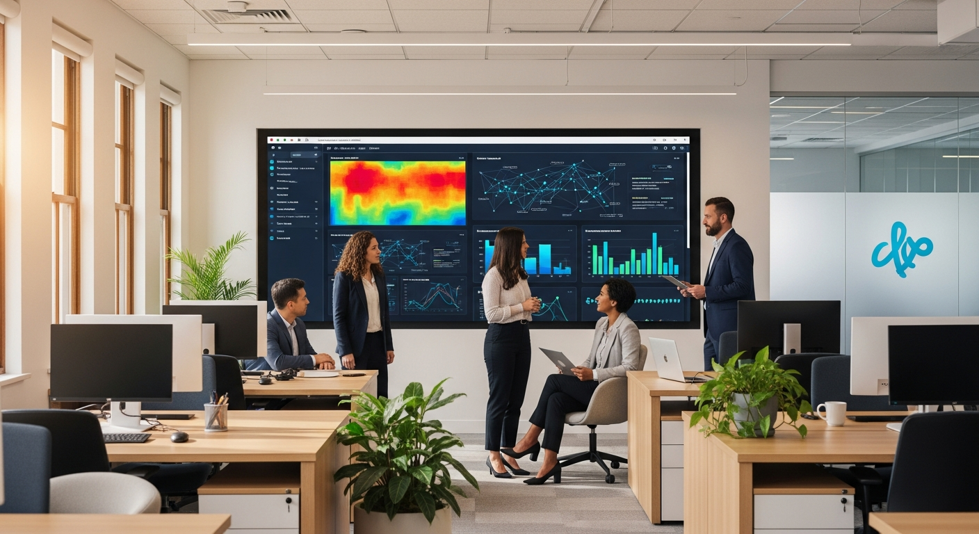 Credit union digital team analyzing member behavior data on a large screen showing colorful heatmaps and analytics
