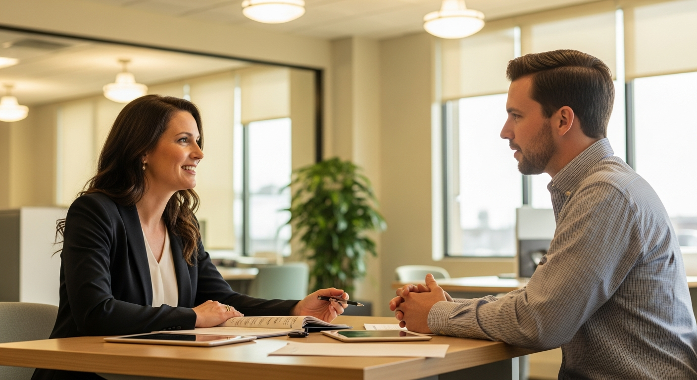 Credit union member reviewing home equity loan documents with lending specialist