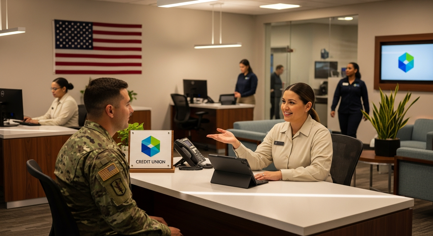 Military family reviewing credit union mobile banking features on a tablet in a welcoming branch lobby