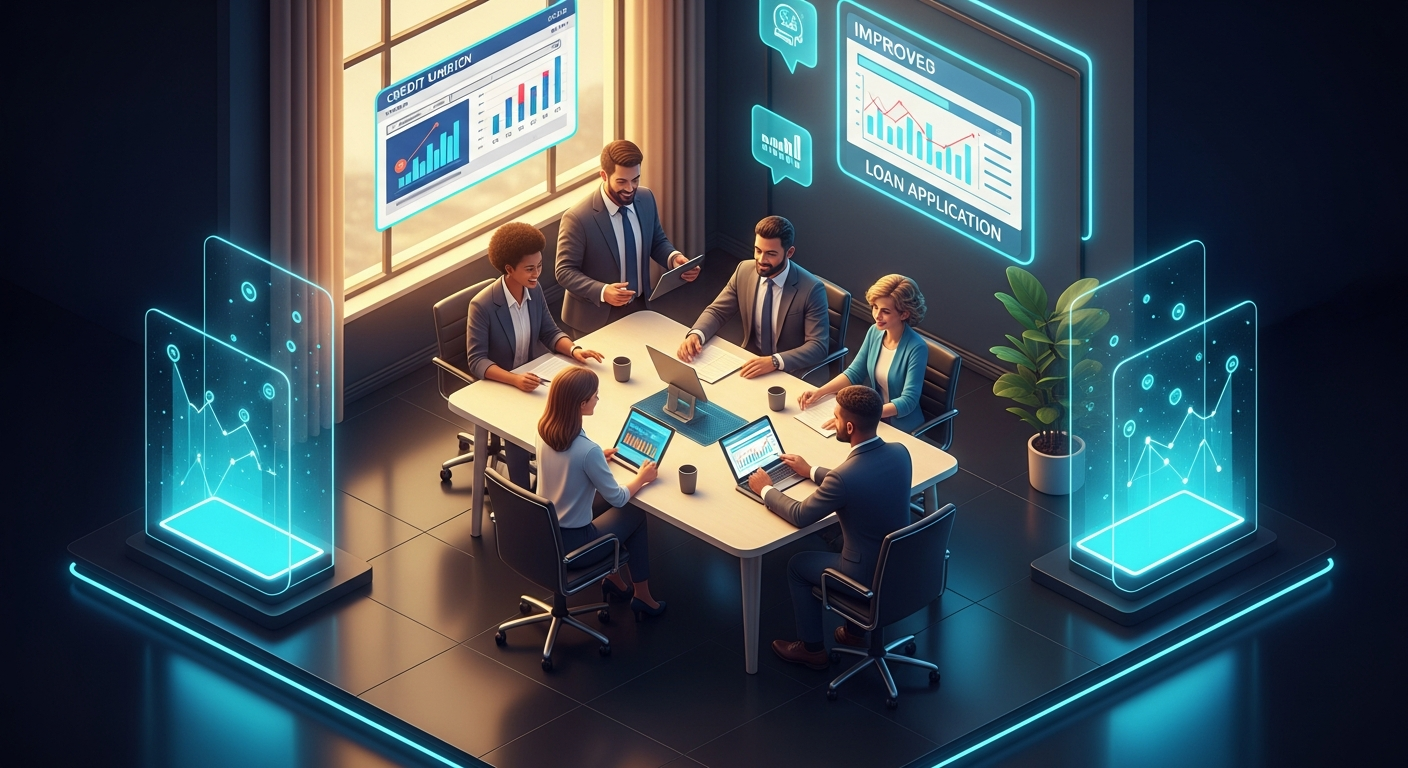 Credit union CEO and marketing team reviewing improved website traffic and loan application growth data on a tablet in a bright modern conference room