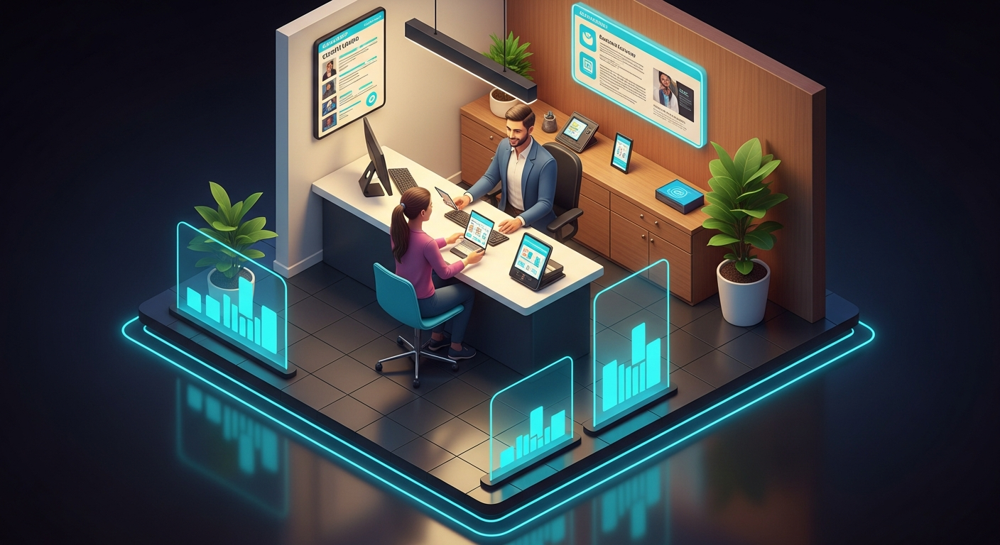 Banking professional helping a credit union member navigate online services at a modern branch desk, warm interior lighting, customer service interaction