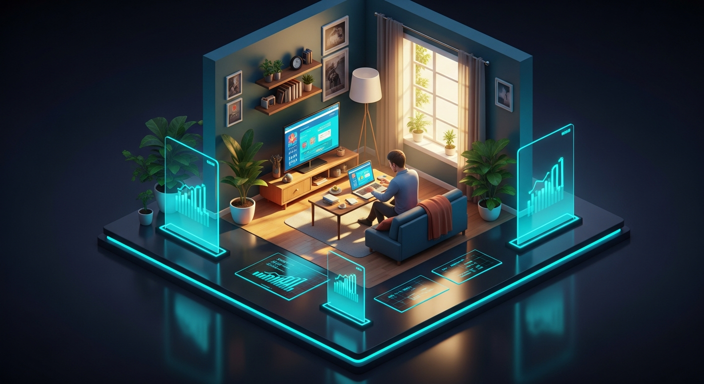 Credit union member searching for loan products on a laptop at home, warm natural lighting, modern living room setting, photorealistic