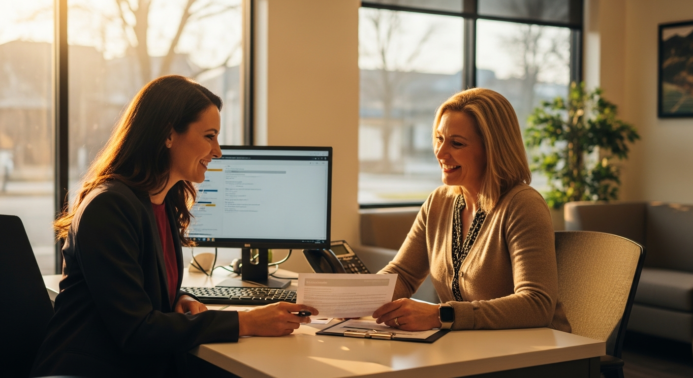 credit union website - Credit union member using a smartphone for a video banking call with a financial advisor, warm natural lighting in a modern home office environment