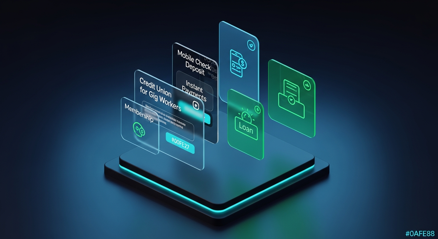 Professional credit union mobile banking interface for gig workers with account management and payment features