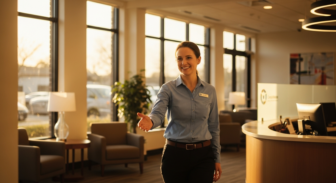 Credit union professional warmly welcoming members in a modern lobby with warm natural light