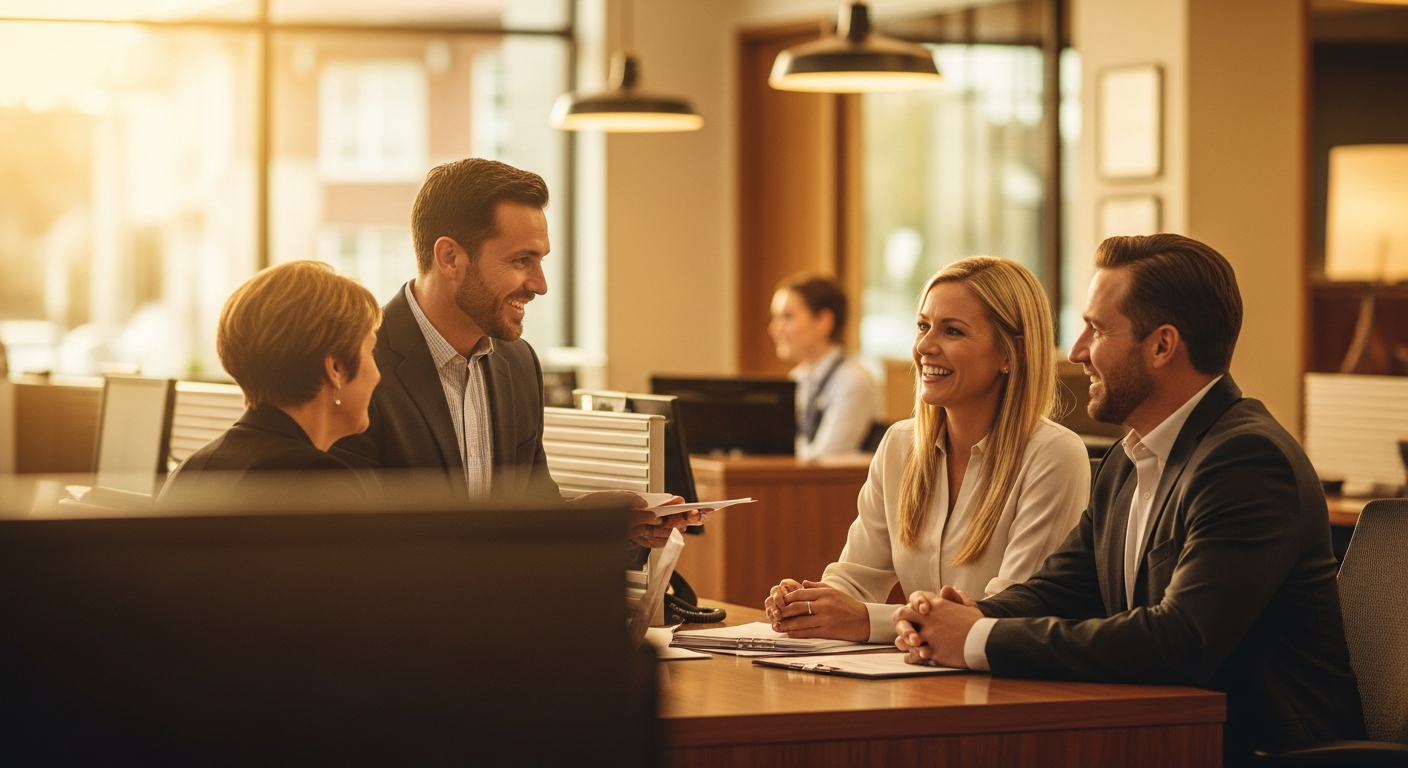credit union merger video banking - Credit union professional welcoming a new member through a video banking consultation in a modern branch with warm natural lighting and professional environment