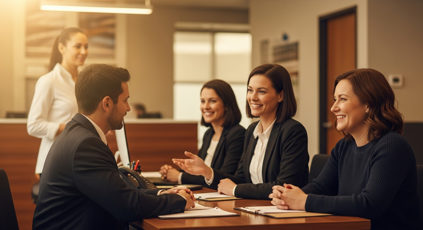 credit union website - Credit union professionals assisting a member with digital account opening through video banking in a modern branch setting