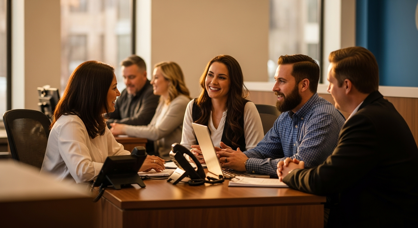 Credit union member service representative guiding a prospective member through the pre-application account opening process in a warmly lit branch office