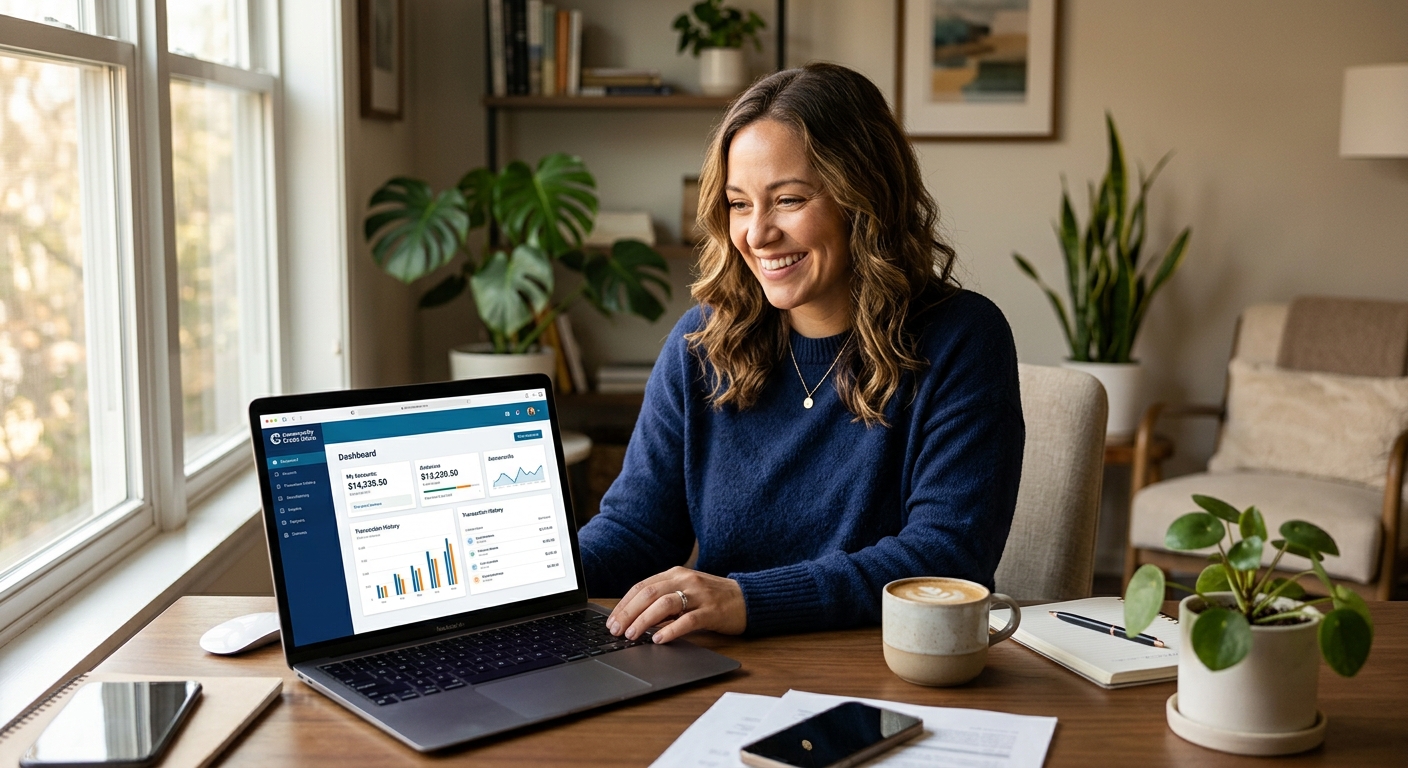 Credit union member using online banking from home laptop with financial confidence and convenience