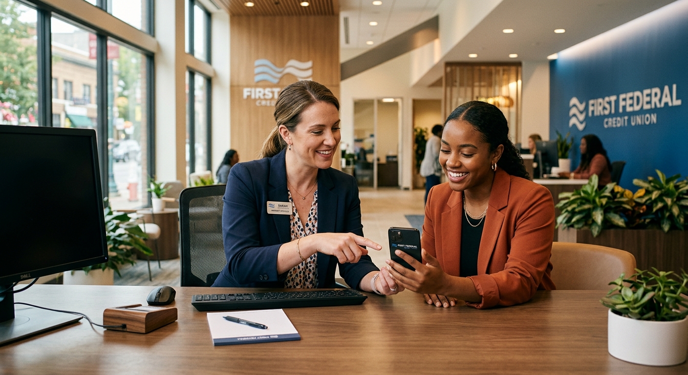 Credit union member services representative helping new member set up mobile banking on smartphone