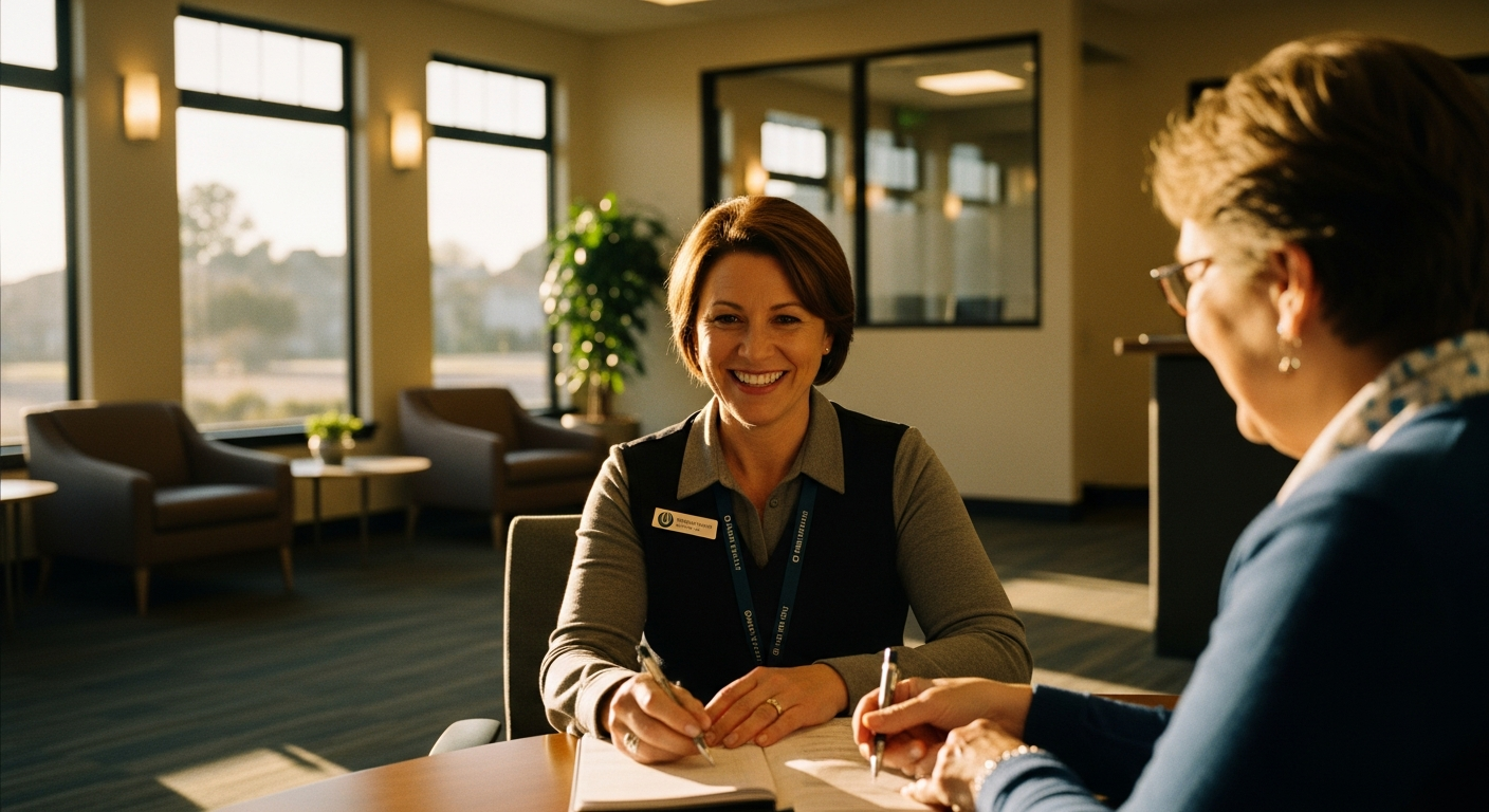 credit union website - Credit union professional helping a prospective member understand account options in a warmly lit branch lobby