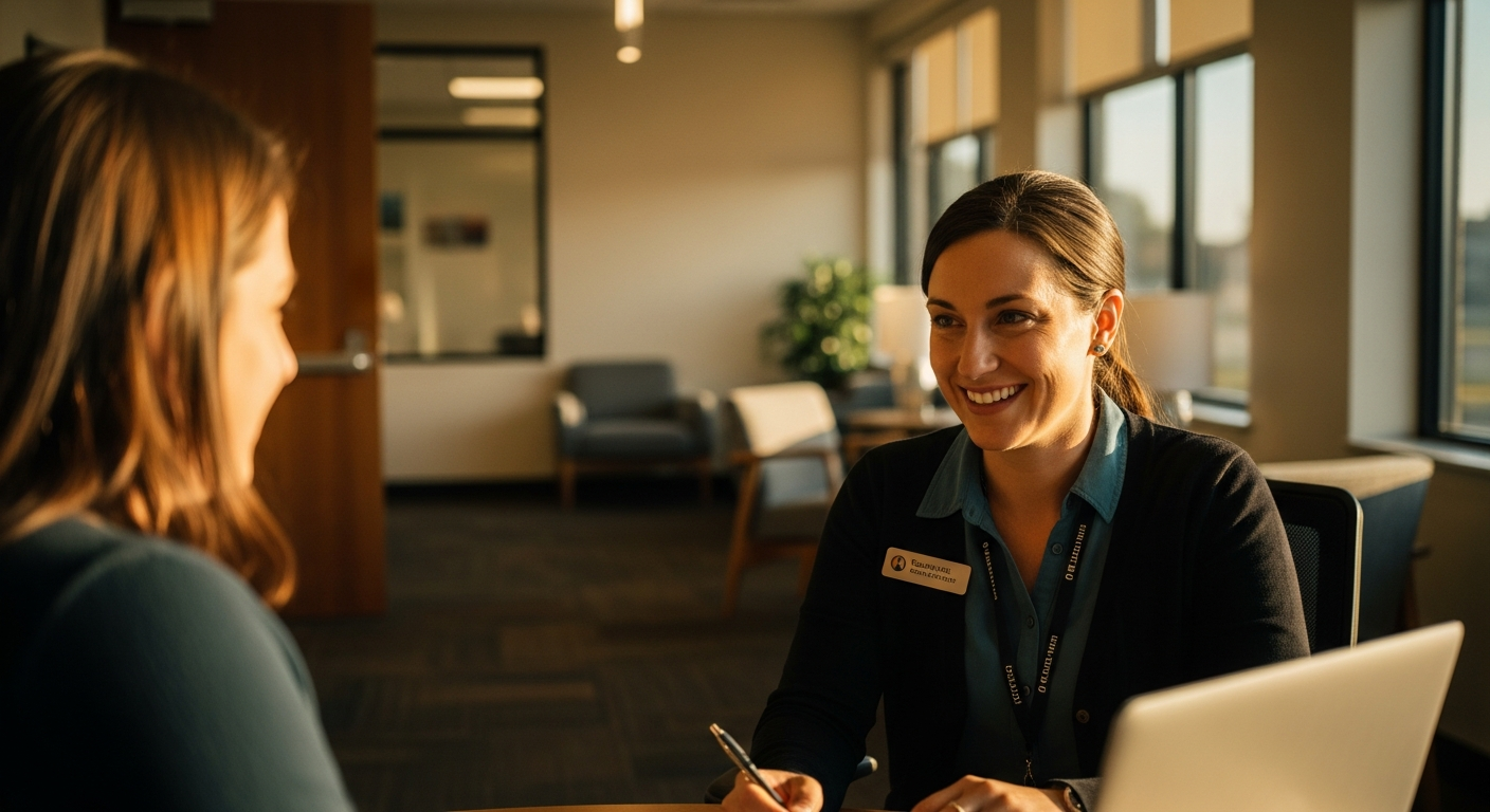 credit union website - Credit union professional assisting a member through a video banking session in a warm, welcoming environment