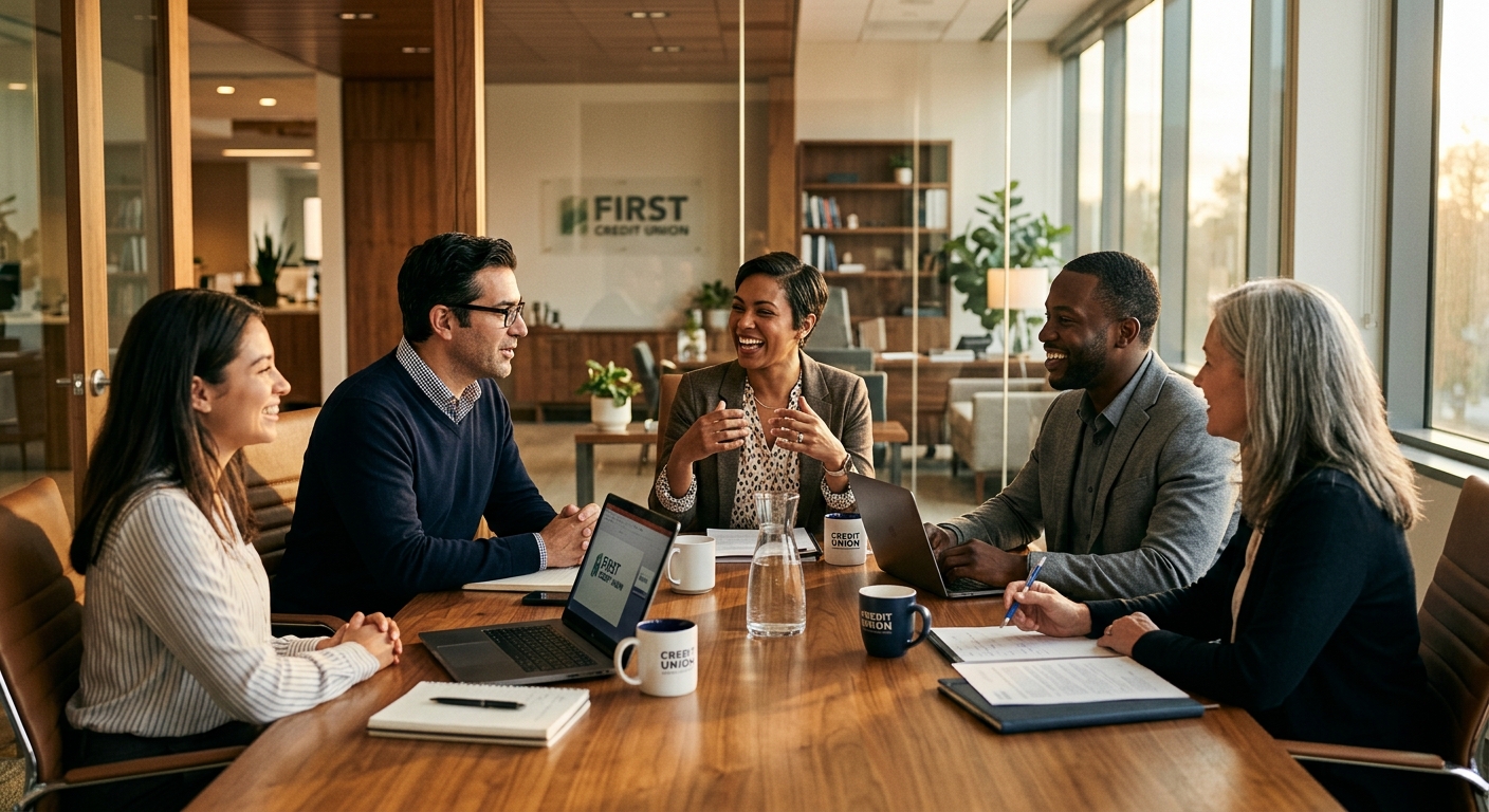 member portal personalization credit union AI - Credit union team collaborating on AI-powered member portal personalization strategy