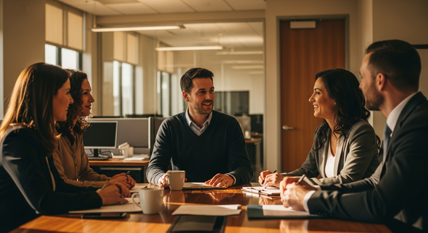 credit union website - Credit union professionals in a collaborative team meeting discussing digital member experience optimization in a modern office environment