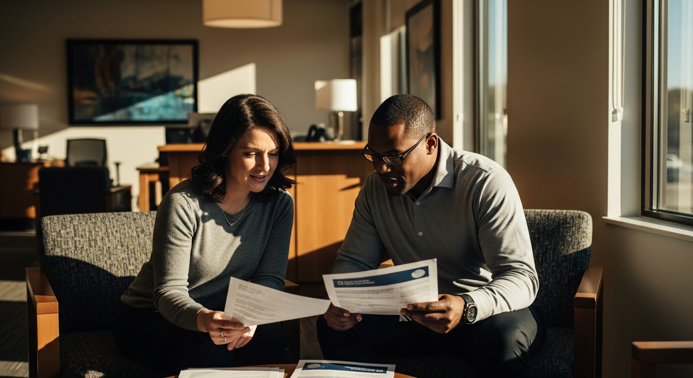 credit union digital account opening - Credit union professionals reviewing digital account opening analytics together in a warm sunlit office environment