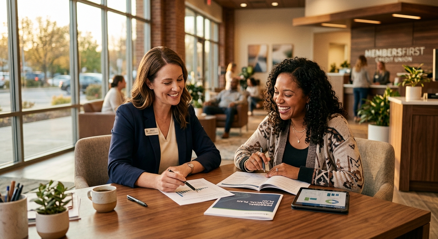credit union website - Credit union professional assisting a member with digital account opening on a tablet in a warmly lit modern branch lobby