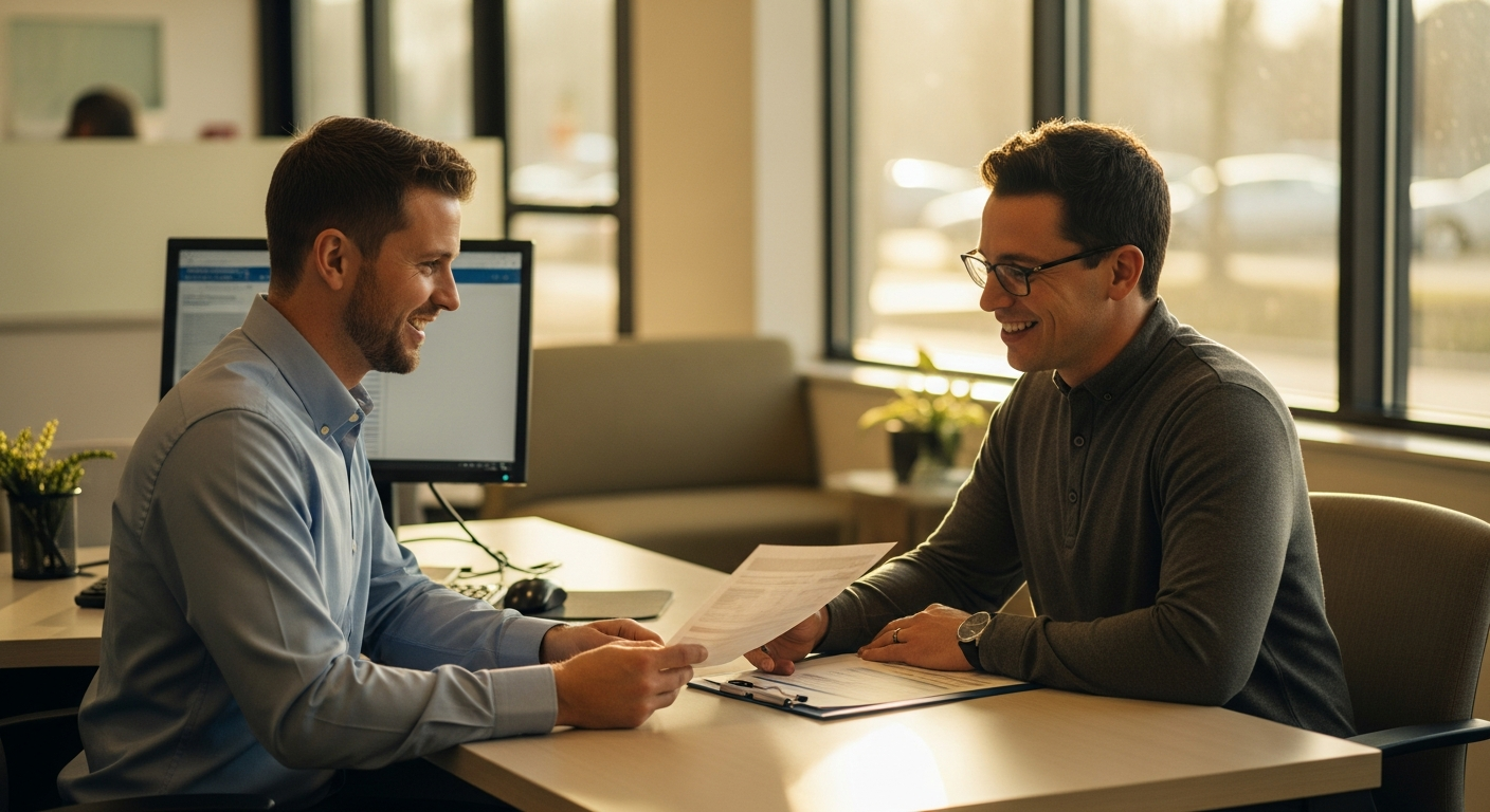 credit union member portal personalization - Credit union member and advisor reviewing financial plans together on a tablet in a modern branch lobby with warm natural lighting
