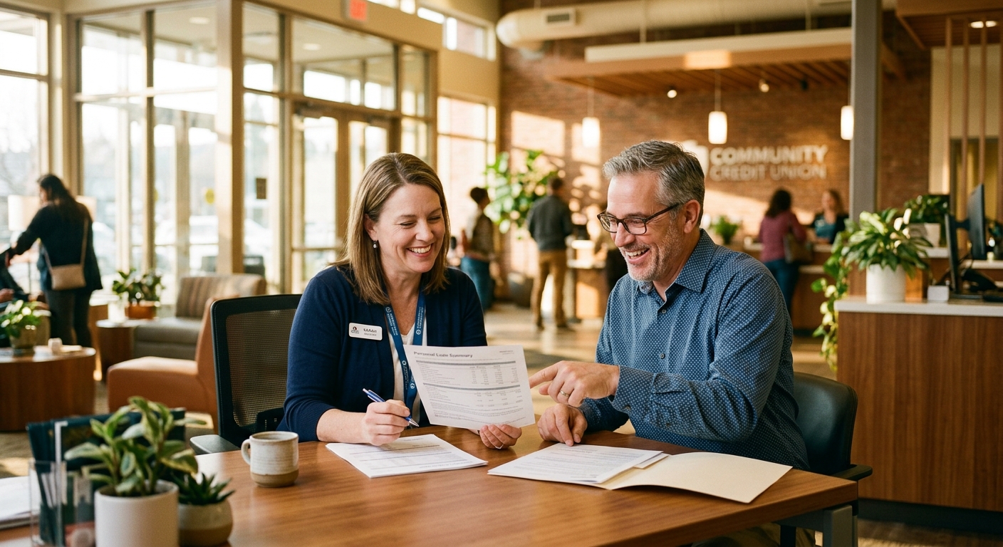 credit union personalization - Credit union members consulting with financial advisor in modern branch lobby with warm natural lighting