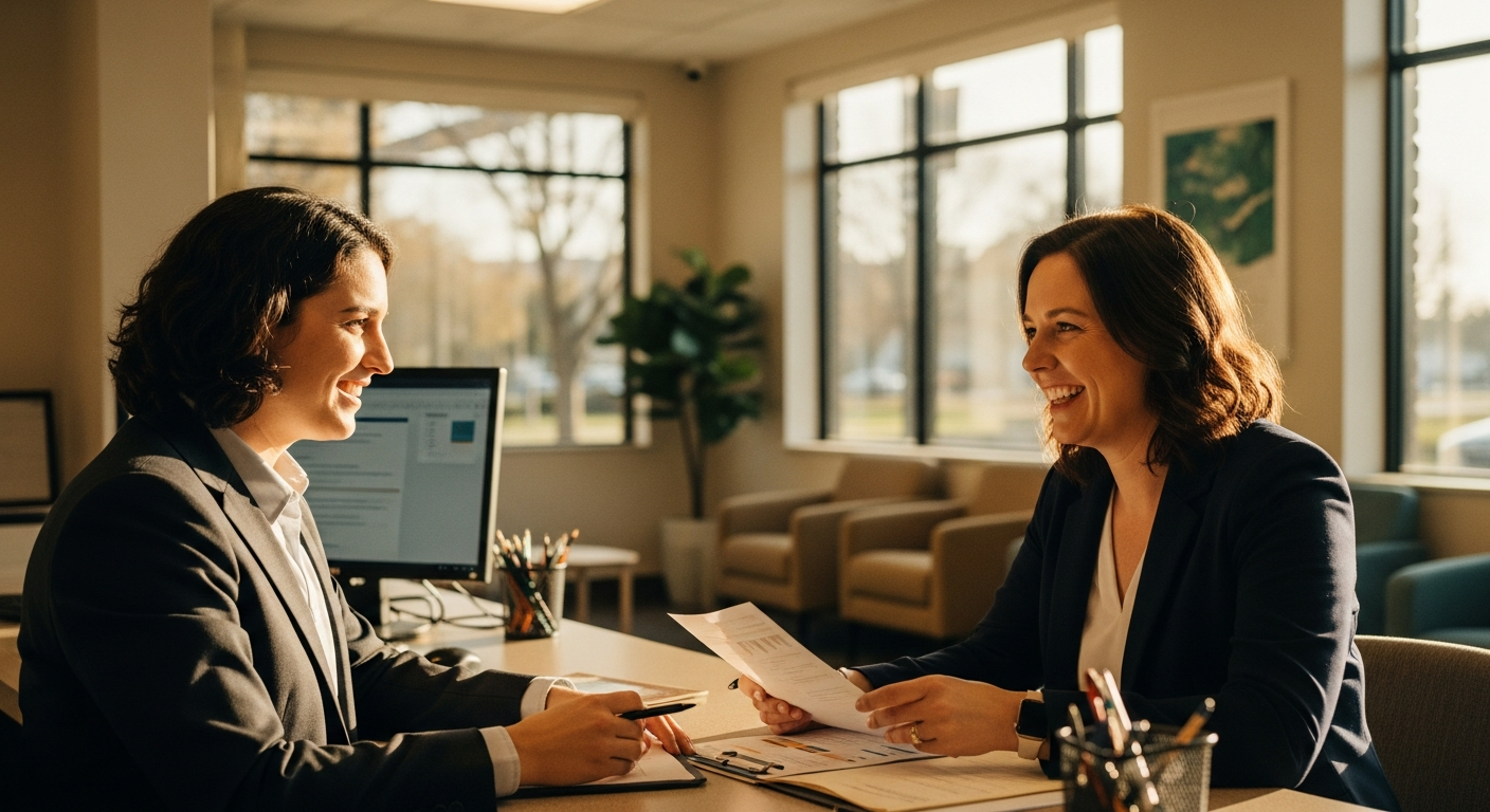 credit union website - Credit union advisor reviewing financial documents with a member at a desk in a welcoming branch lobby with warm natural light