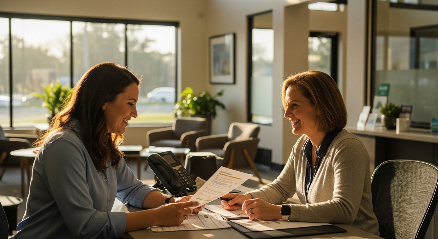 credit union website - Credit union agent assisting a family with digital account opening documents in a welcoming credit union branch with warm natural light