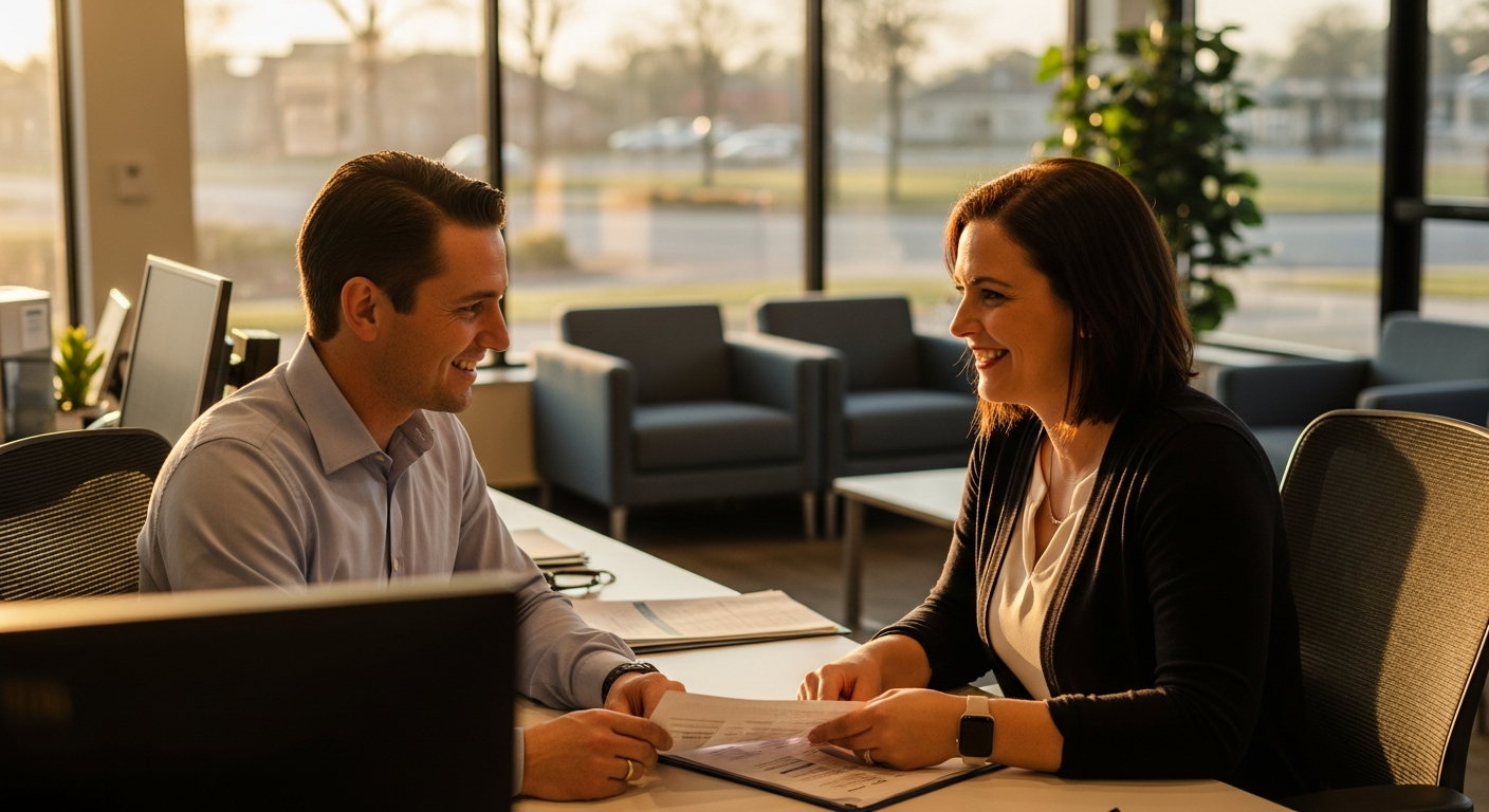 Video banking agent reviewing personalized member context data on dual monitors in a professional credit union office environment with warm amber lighting