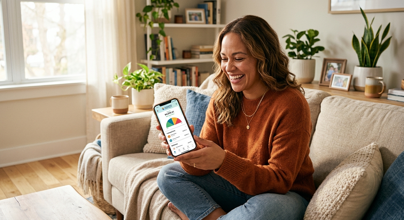 Photorealistic editorial photograph of a credit union member setting up mobile wallet on smartphone at modern branch office, warm professional lighting