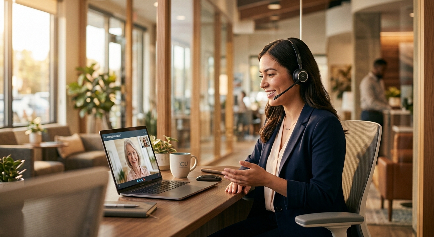Credit union member completing a digital account opening application on a laptop while a video call with a member service representative is visible on a split screen