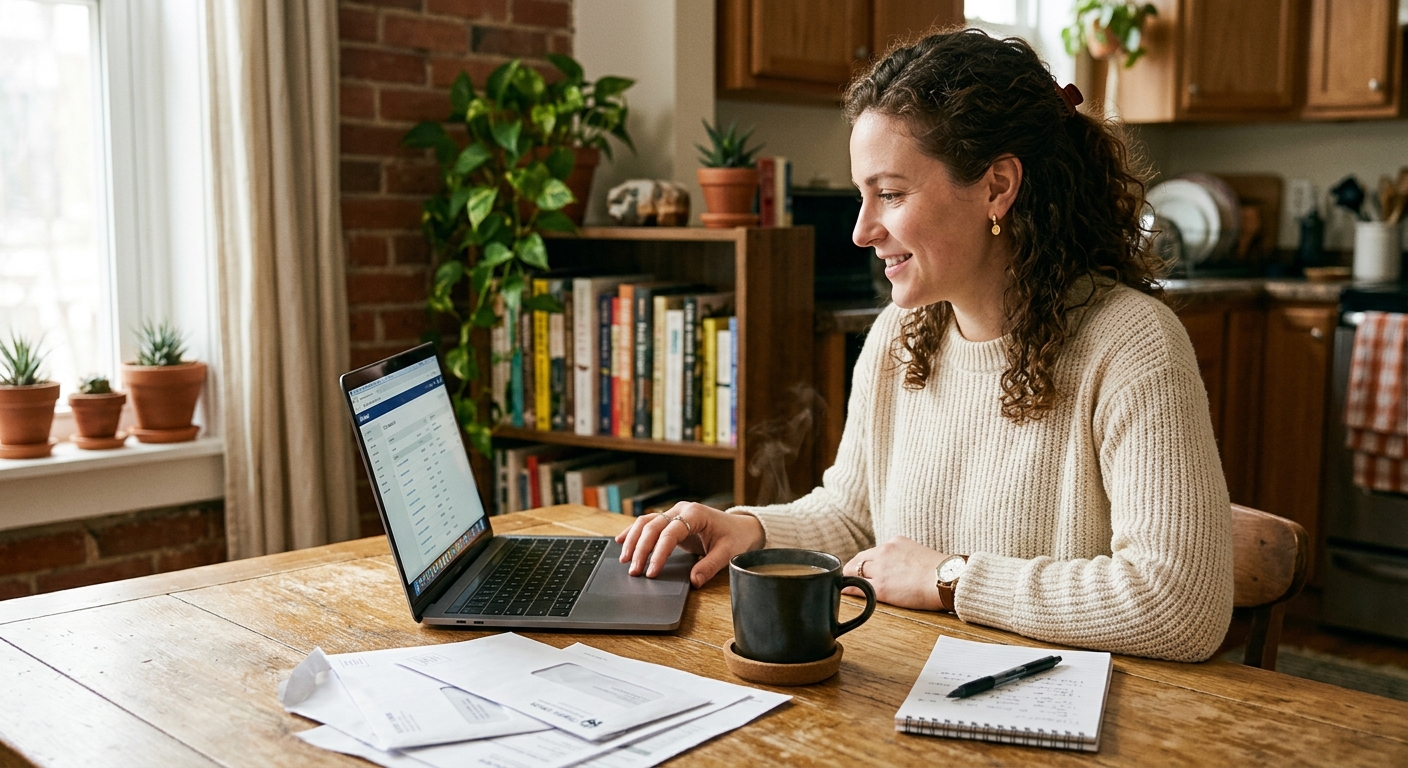 Editorial photograph of a credit union member using mobile bill pay on their smartphone at a home office desk