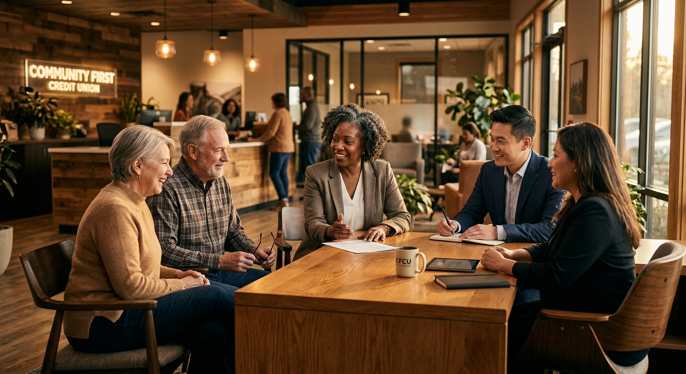 credit union website - Credit union member and video banking specialist during identity verification process in a warm modern branch environment