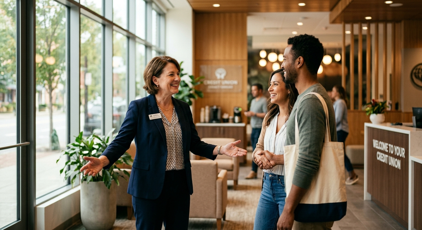 Credit union members experiencing warm professional video-assisted account opening in a modern office setting
