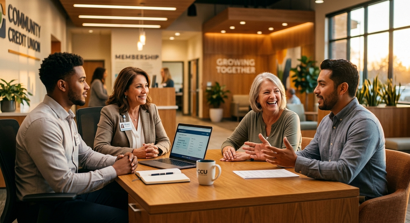 credit union website - Video banking agent desktop interface showing queue management dashboard with real-time member queue positions, wait time estimates, and smart routing controls