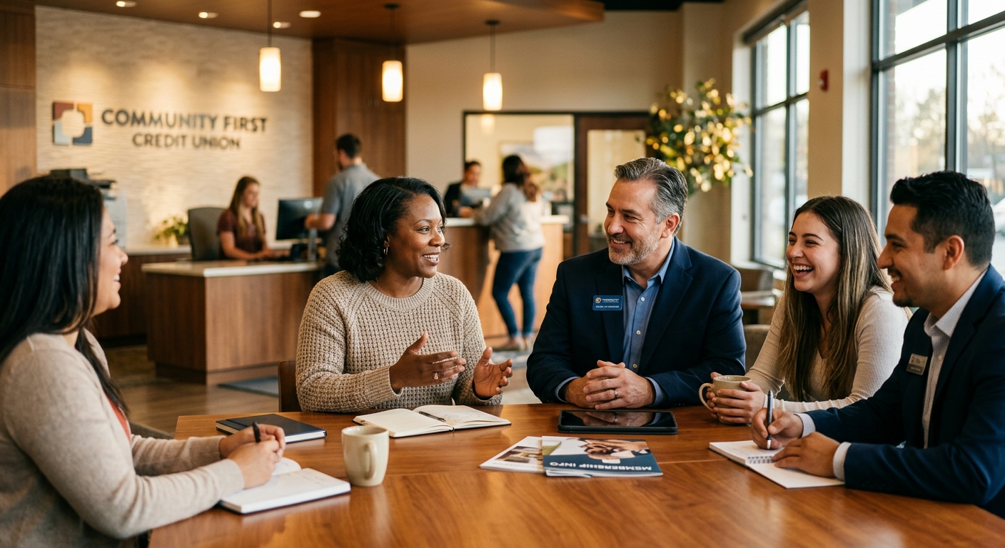 Credit union professionals and members engaged in a warm, collaborative discussion in a modern branch with natural window lighting