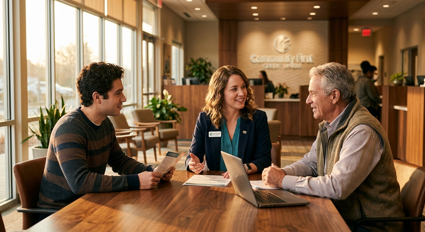 credit union website - Credit union members and staff engaged in a collaborative video banking discussion in a warm, modern branch environment