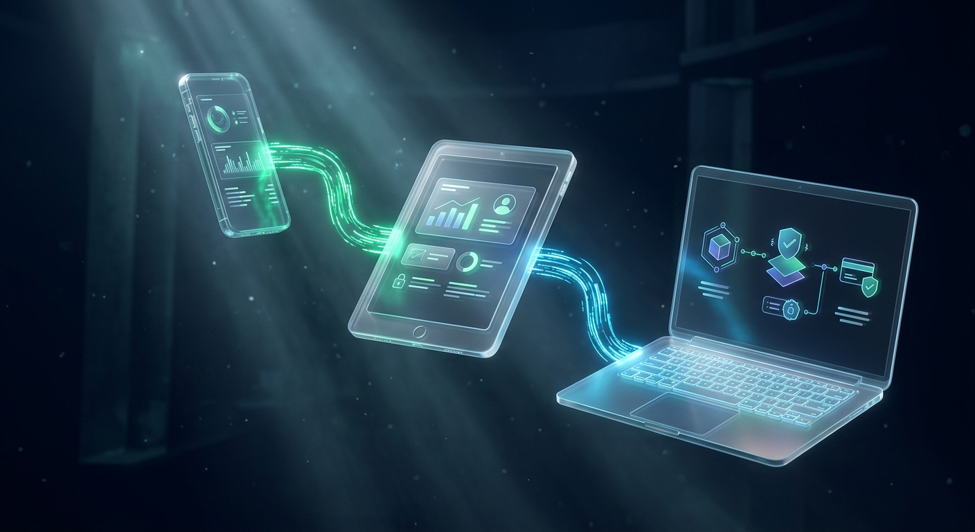 Credit union member accessing their accounts seamlessly across smartphone and laptop in a cozy home office