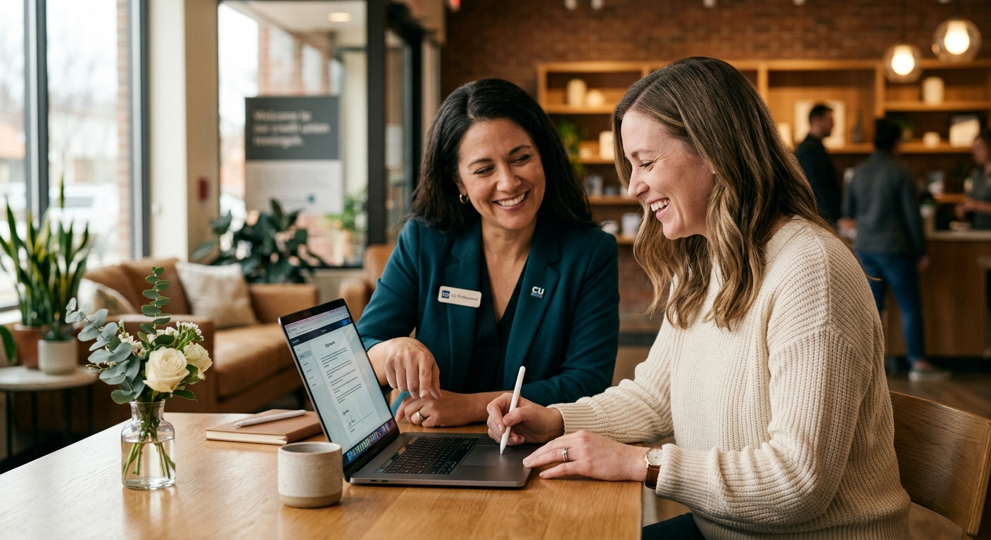 Credit union member completing a digital mortgage eClosing on a laptop with professional guidance