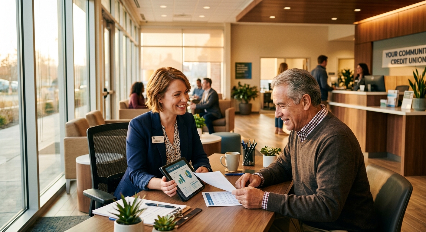 credit union website - Credit union member service professional helping a member understand financial products during a video banking session for digital account opening