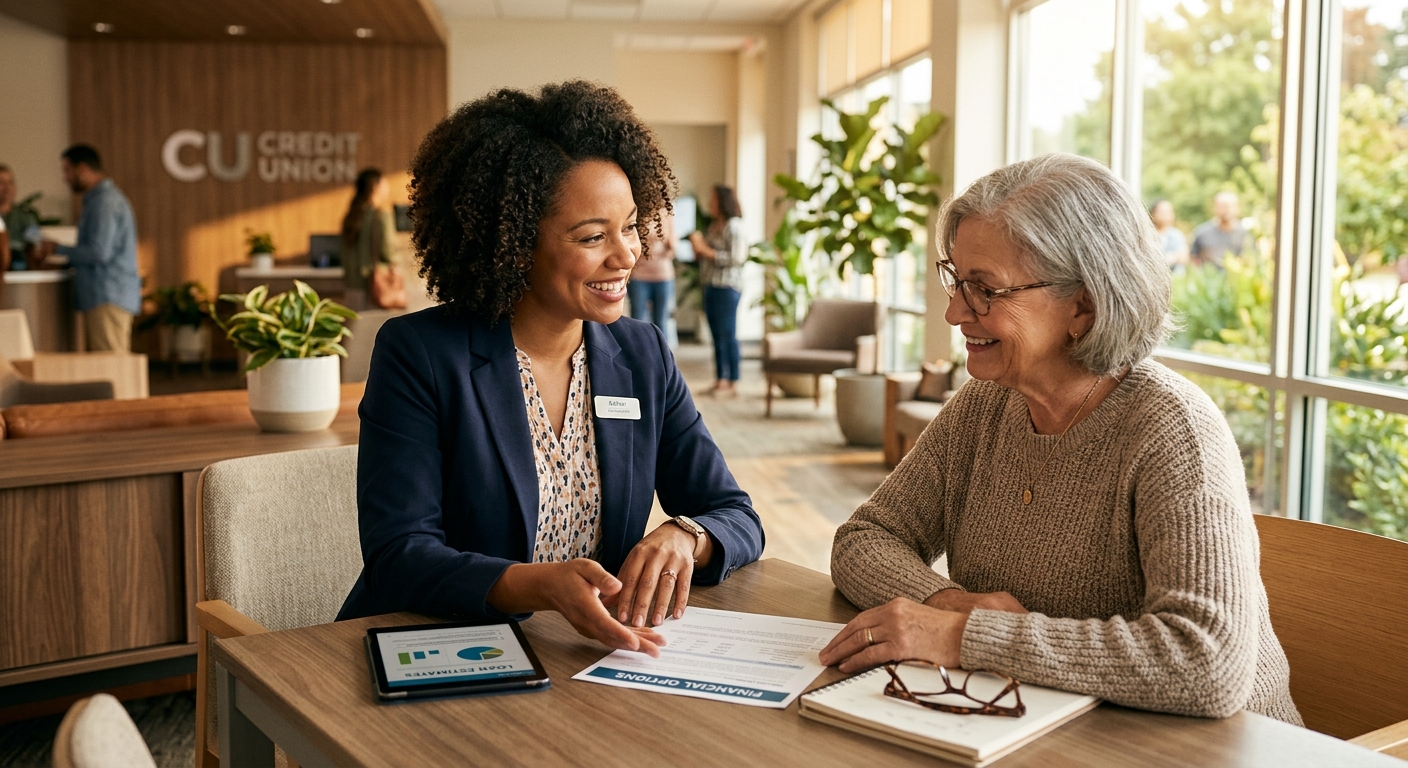 Credit union professional helping a member with account opening options at a warm modern branch