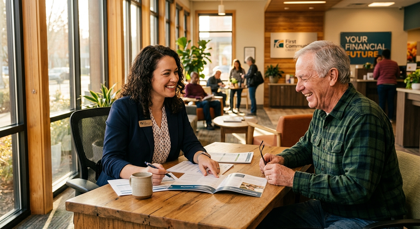 credit union website - Credit union member completing a digital account opening application on a smartphone in a warm natural light setting