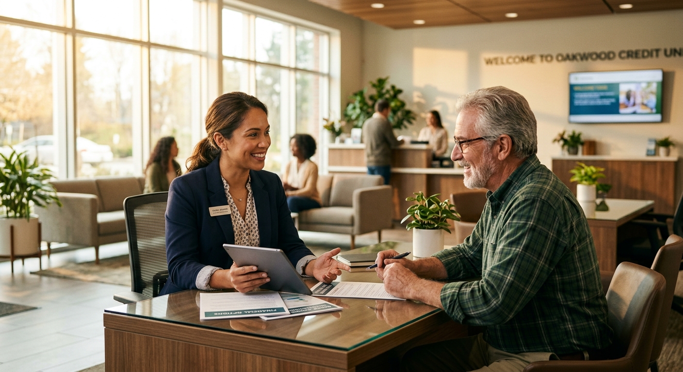 credit union AI personalization trust - Credit union professional helping a member understand financial options in a warm, welcoming branch lobby, demonstrating the trust-based relationship that differentiates credit unions from fintechs