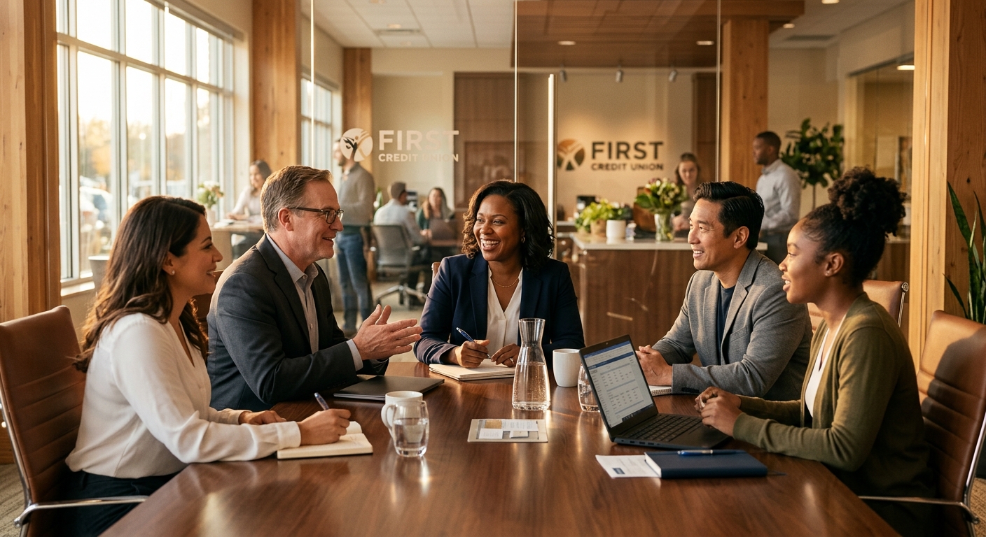 credit union website - Credit union professionals collaborating in a warm, modern office environment with natural lighting