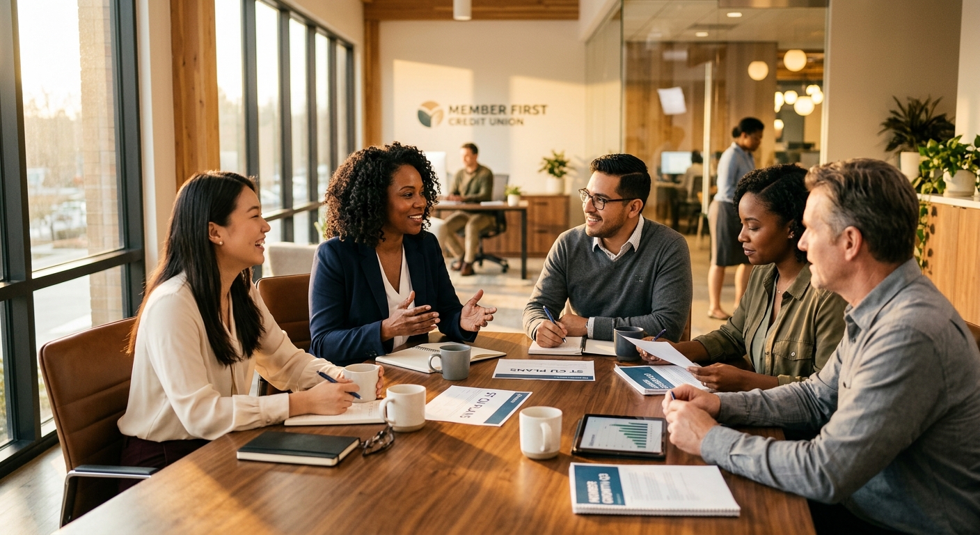 credit union member portal personalization - Credit union strategy team discussing digital personalization roadmap in a collaborative meeting with warm natural lighting