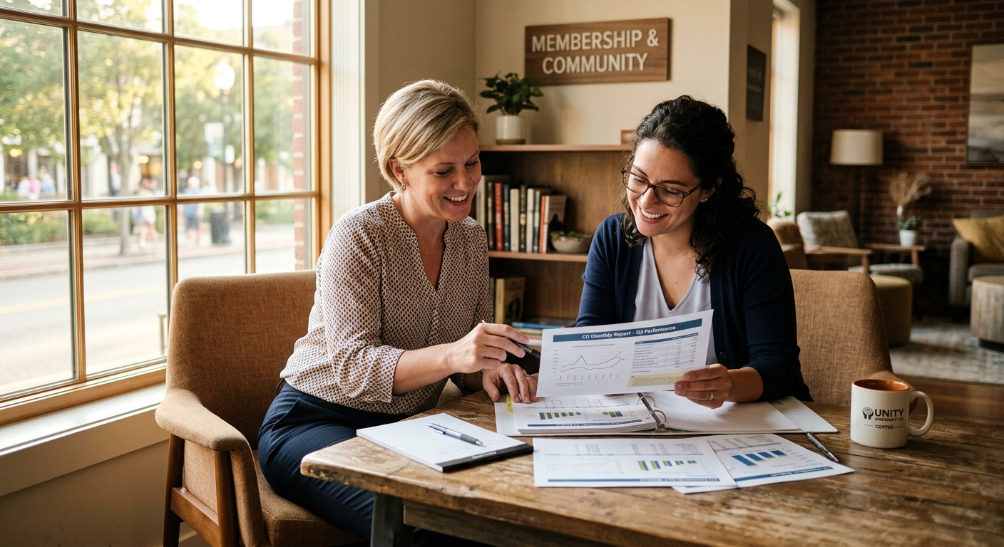 Credit union member interacting with a personalized digital banking portal on a tablet while a video banking agent appears on screen, showing contextual data sharing between portal and video session