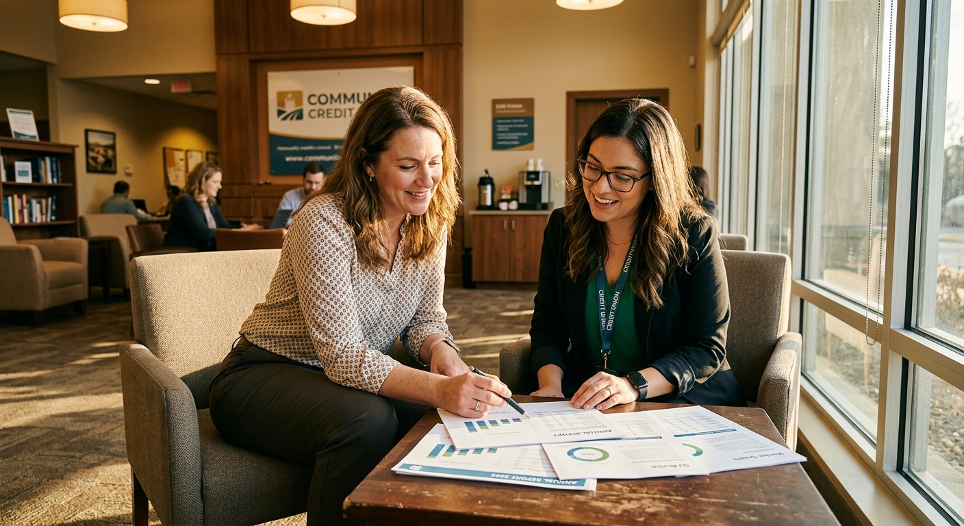 credit union digital - Credit union call center professional reviewing member life event data on a dual-monitor workstation in a modern office environment