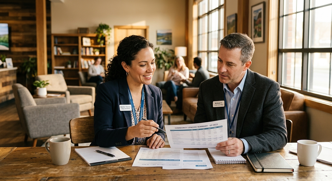 credit union website - Credit union team members reviewing account opening performance data together in a warm, naturally lit office environment