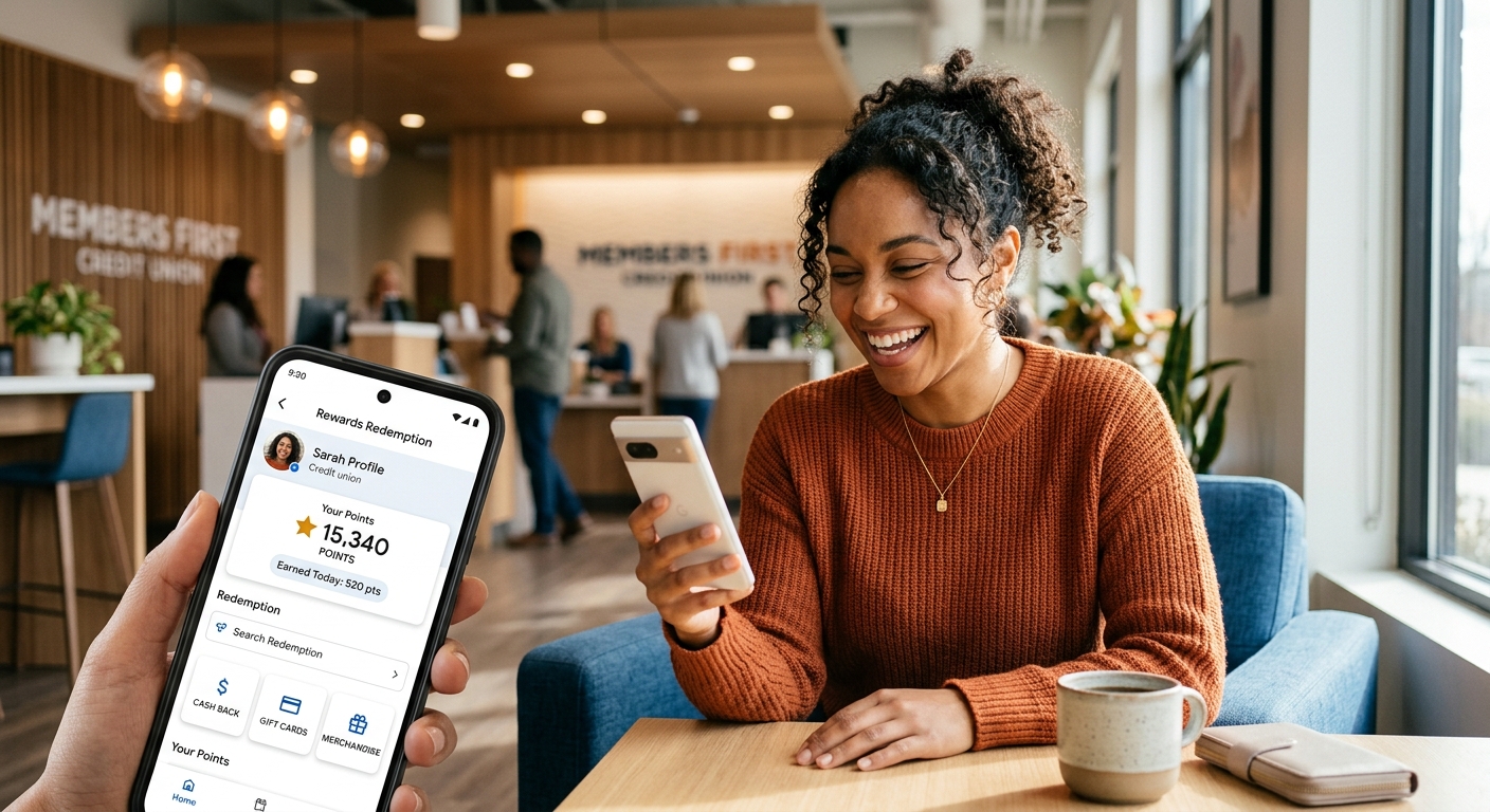 Happy credit union member viewing rewards points on smartphone at a modern credit union branch